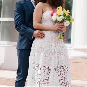 Anewsta SHEIN Strapless Lace Bridal Midi Dress | White